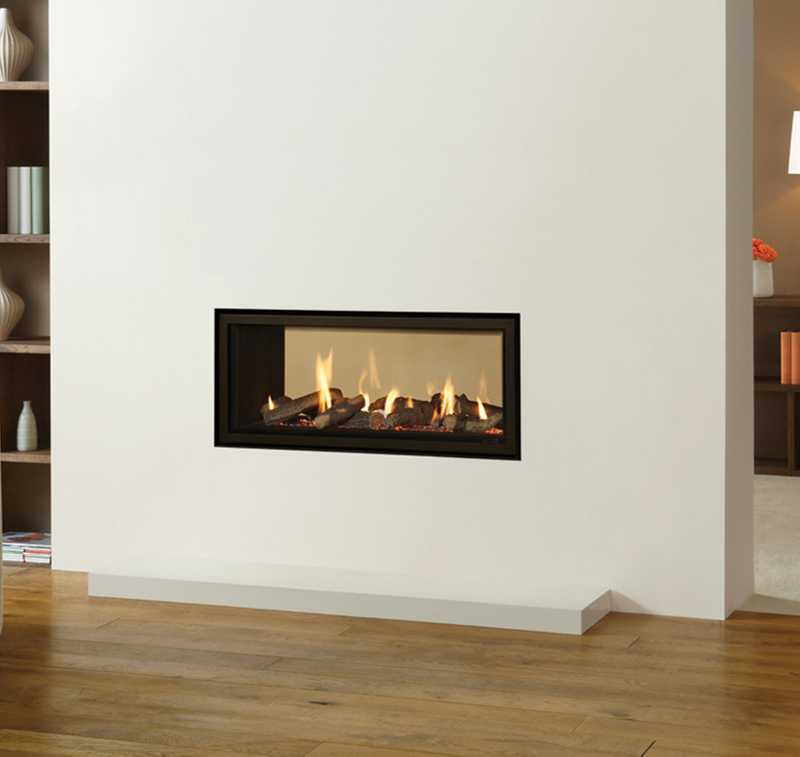 Studio 2 Duplex gas fire with Black Reeded lining shown as an Edge installation