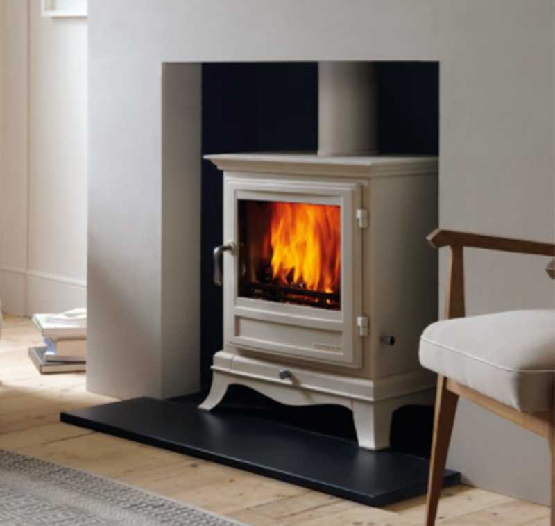 chesneys stove in white with modern fireplace surround
